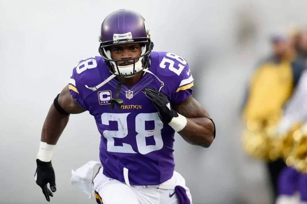 Adrian Peterson #28 of the Minnesota Vikings runs onto the field before the game against the Green Bay Packers on November 22, 2015 at TCF Bank Stadium in Minneapolis, Minnesota.
